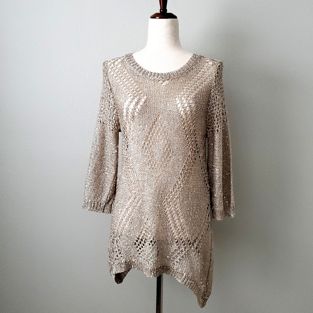 Lauren Michelle Tan Open Knit Long Sweater With Sparkle, Size Medium